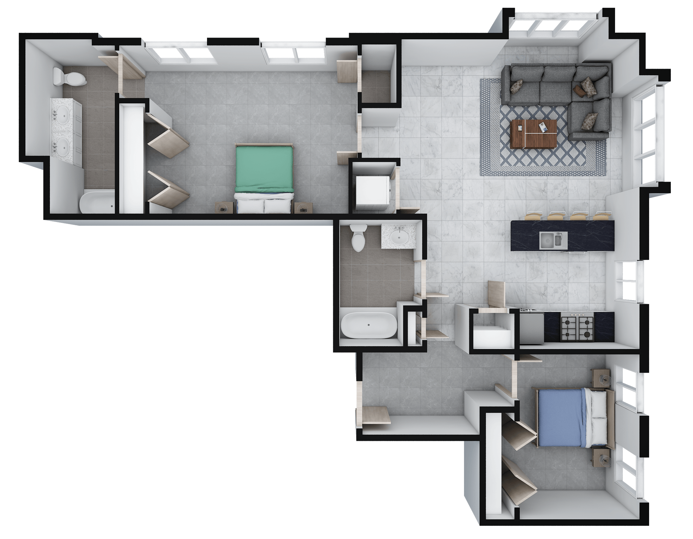 Floor plan for 2 beds, 2 baths, 1034 sqft